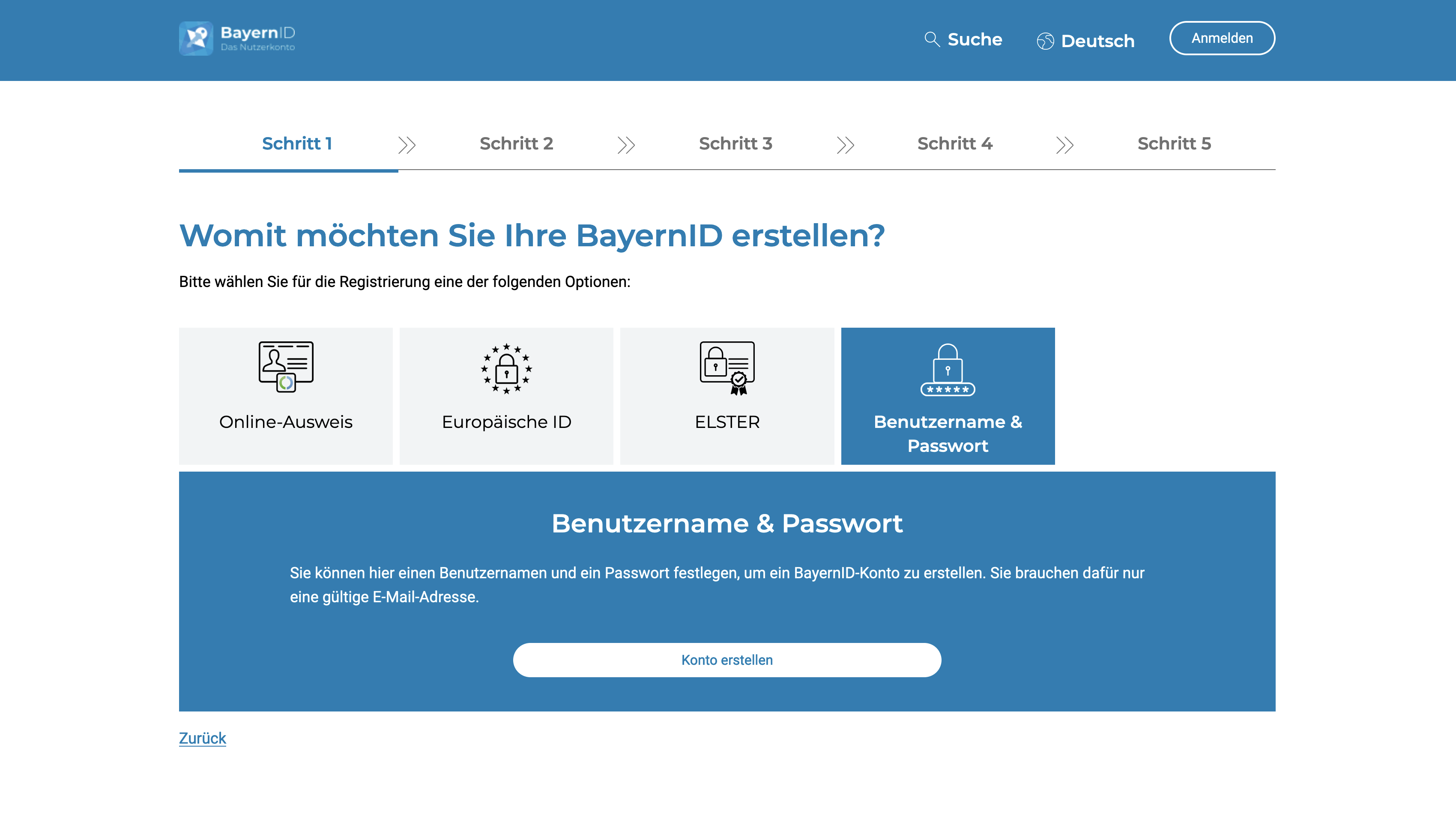 Screenshot BayernID Womit möchten Sie Ihre BayernID erstellen